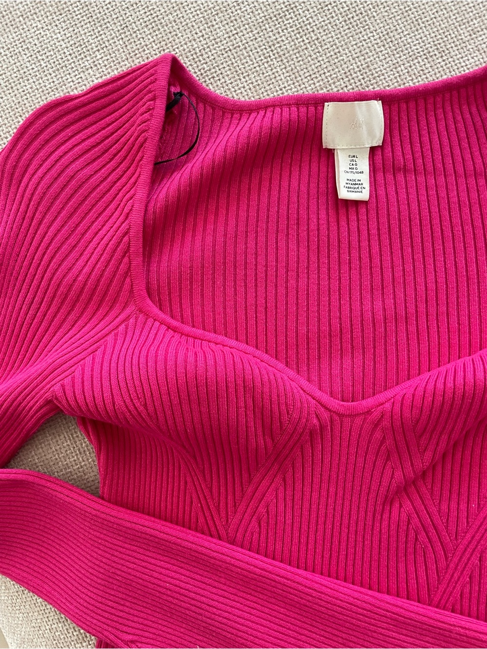 H&M Ribbed Hot Pink Long Sleeve Bustier Top